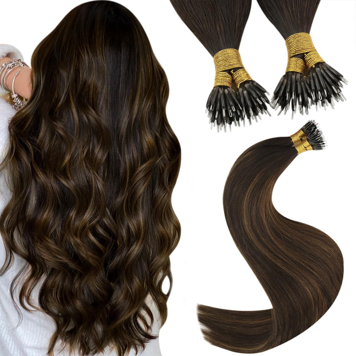 YoungSee Nanoring Extensions Echthaar Ombre Nano Extensions Echthaar Dunkelbraun Balayage Mittelbrau