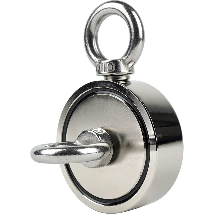 SENSEI Magnet 250 kg, Doppelseitiger Neodym-Magnet N52 mit 2 Ösen oben und seitlich, Ø7,5 x H2,5 cm,
