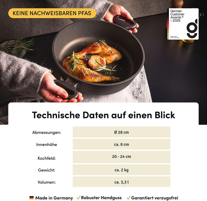 Hoffmann STONIQ Bräter rund Ø 28 cm, 3,3 l, Aluguss, PFAS Frei ohne Deckel, ohne Deckel