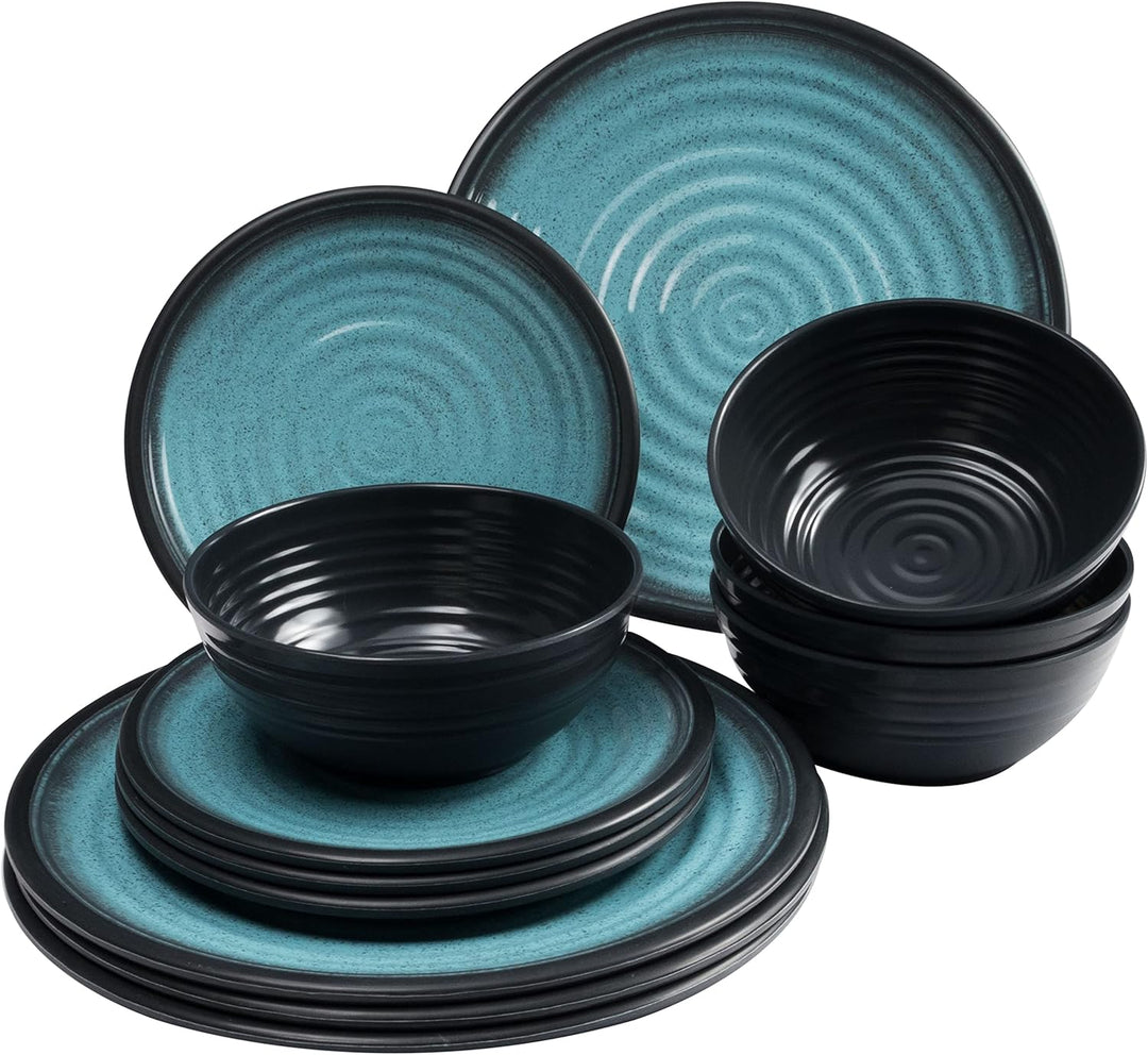 Melamin Geschirr Set 16 Teile elegante Steingut Optik in blau mit Wasserglas 260ml klar - für 4 Pers
