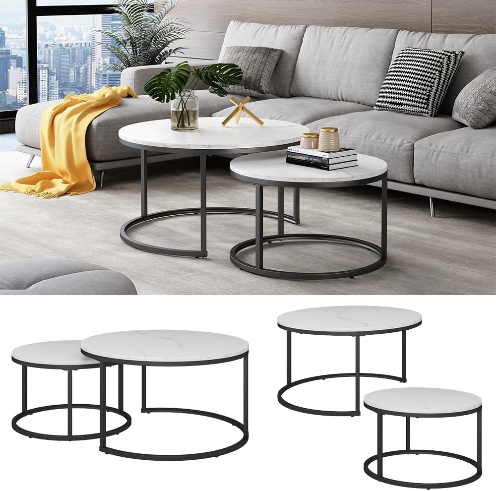 Vicco Couchtisch Set Montreal, Marmor Weiss, 77 x 40 cm 2 Teile, Weiss