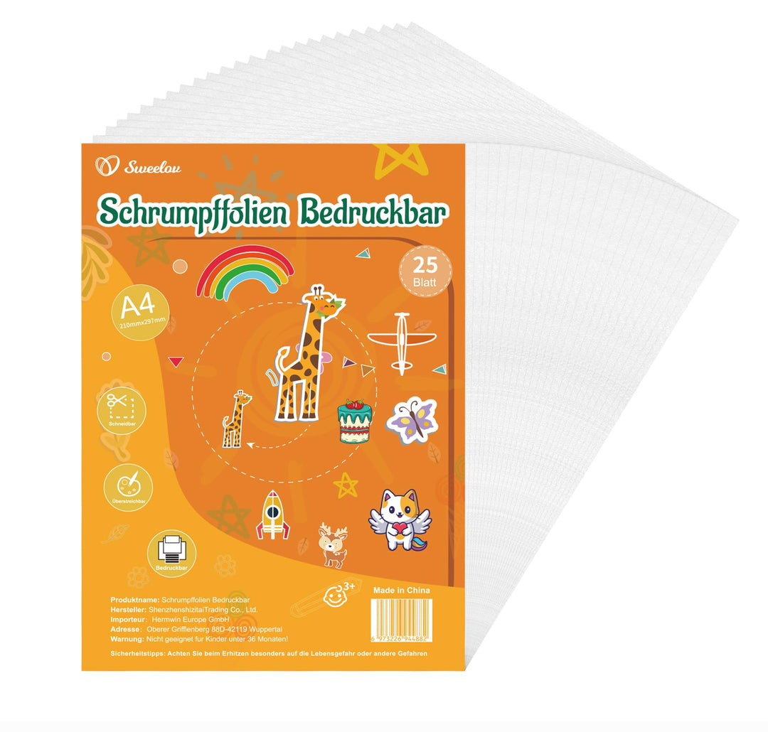 Sweelov 25 Stück Schrumpffolien Bedruckbar - A4 Transparent schrumpffolienplatten - Matt Schrumpfend
