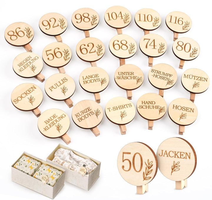 HOUISM Grössentrenner Baby & Kleider Organizer aus Holz | 27 Stück Grössenclips mit Gravur (50-122)