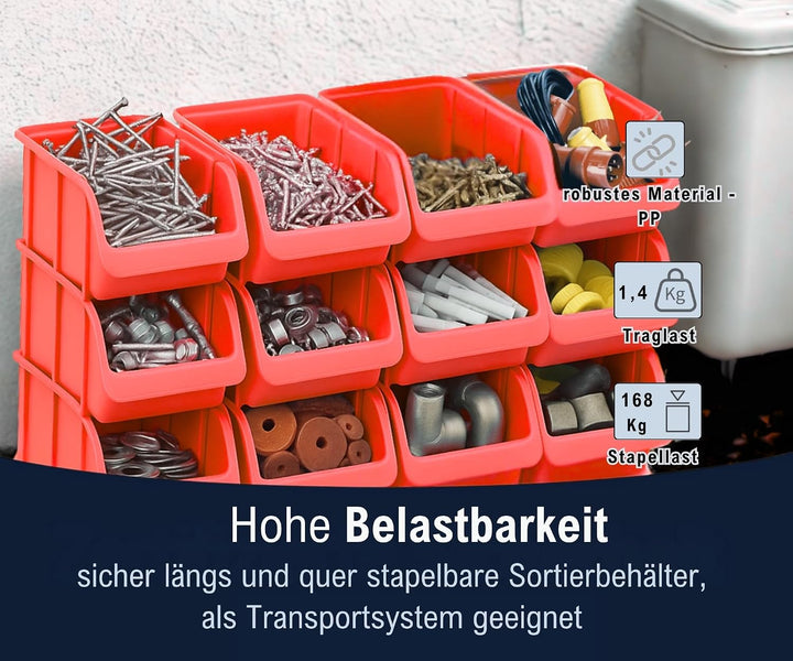 Hünersdorff 12x Sichtbox Stapelbox Lagerbox in Grösse 4, aus Polypropylen Grösse 4 Rot, Grösse 4 Rot