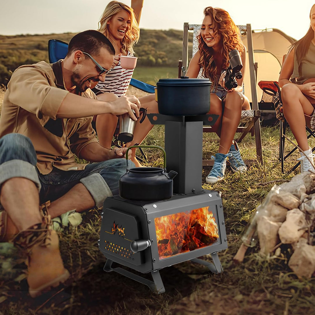 KOMFOTTEU Holzofen mit Sichtfenster, Raketenofen tragbar mit 2 Kochflächen, Zeltofen mit Aschepfanne