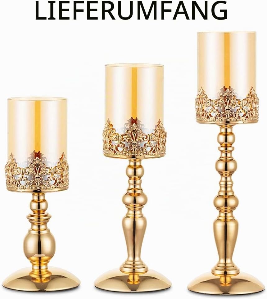 NUPTIO Säulenkerzenhalter mit Glas, 3er Set Hurricane-Kerzenhalter aus Gold Moderne Wohnkultur Gesch