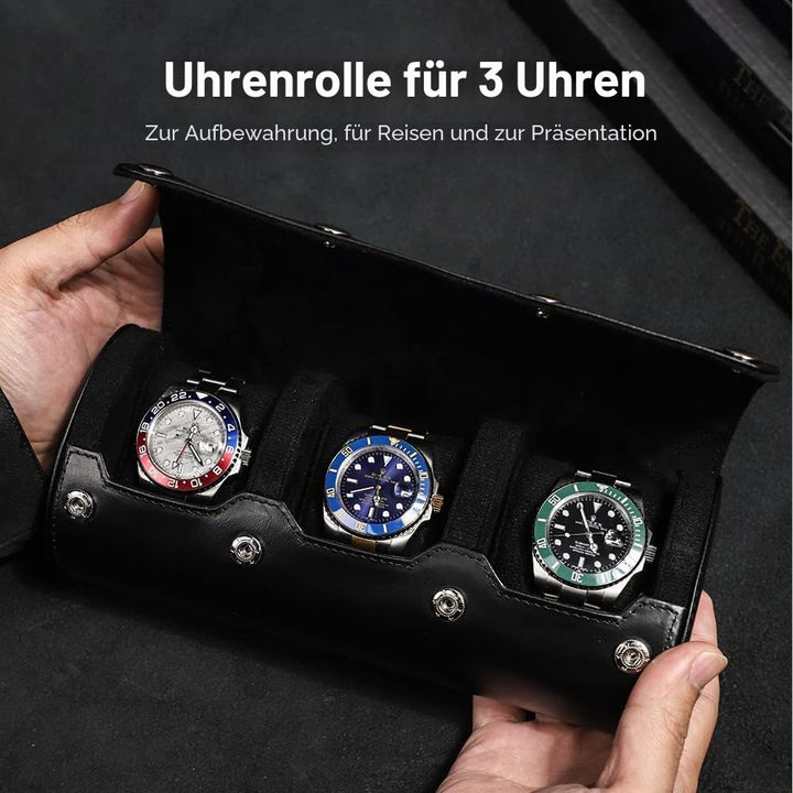 Hiram Uhren-Reiseetui für Herren, 3 Uhren, handgefertigt, echtes Leder, Aufbewahrungsbox, flexibles