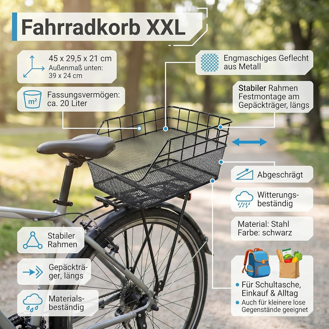 Fahrradkorb XXL - Schultaschenkorb - Einkaufskorb - Gepäckträgerkorb - Hinterradkorb - Metallkorb -