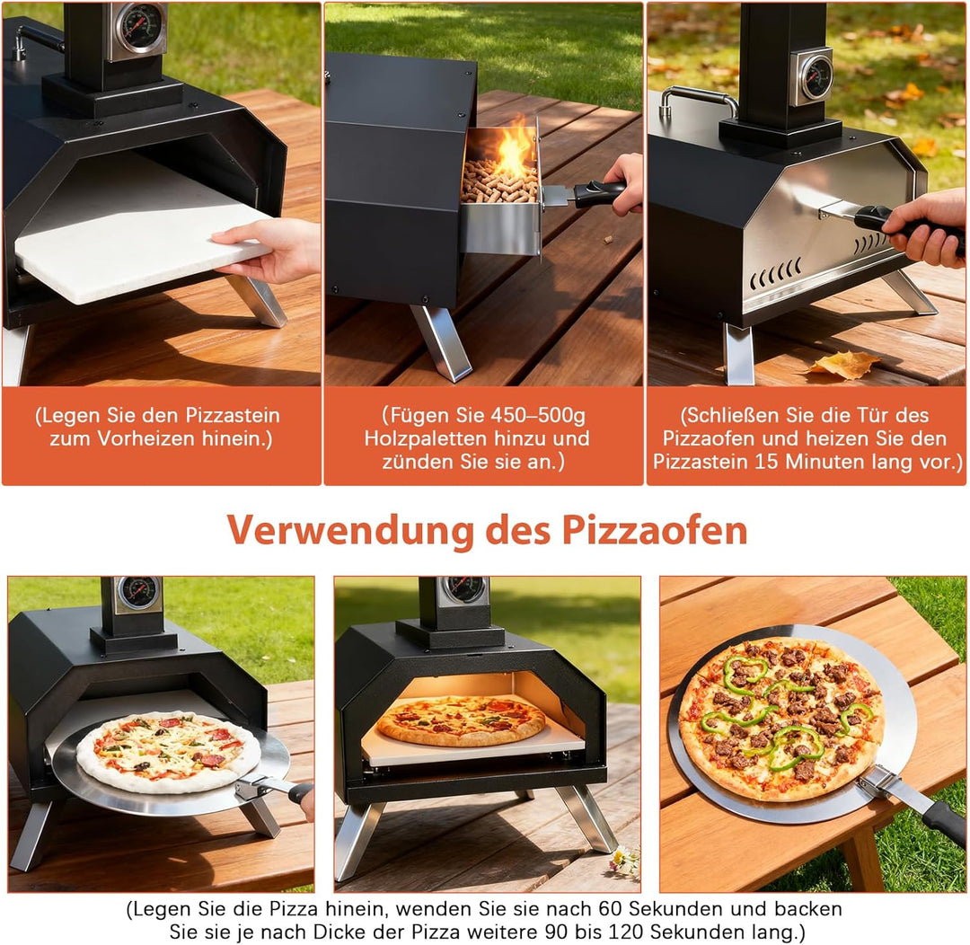 Karinear Pellet Pizzaofen, Outdoor Pizzaofen mit Pizzastein, Zubehör, Holzpellets 12-Zoll, max. 540℃