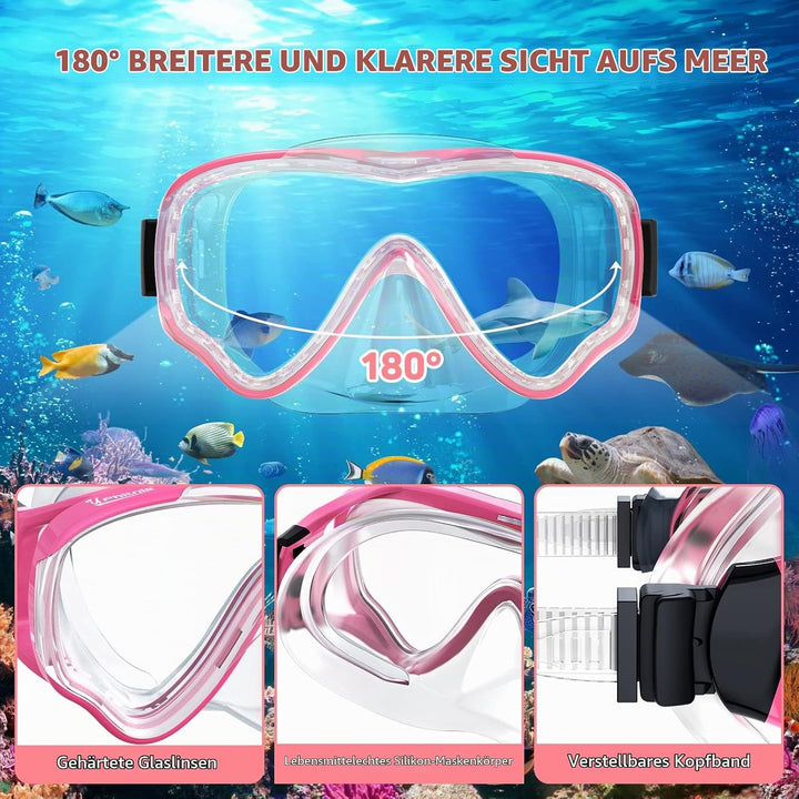 Schnorchelset Kinder mit Flossen,Anti-Fog 180°Panorama Taucherbrille Kinder, Verstellbaren Schwimmfl