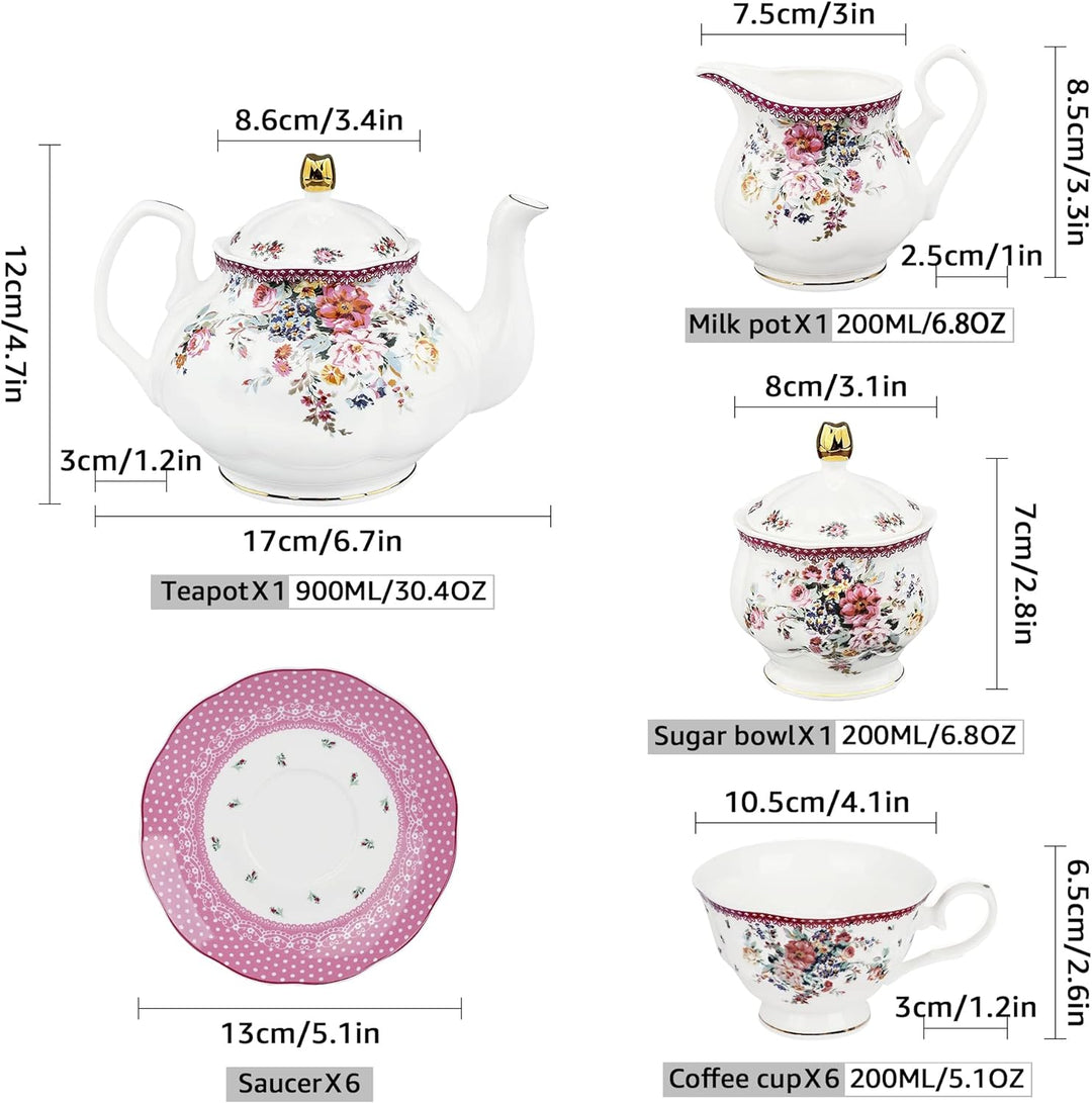 fanquare 21 Stück Porzellan Tee Party Set, Rosa Rose Blume Teetasse und Untertasse für 6 Personen, K