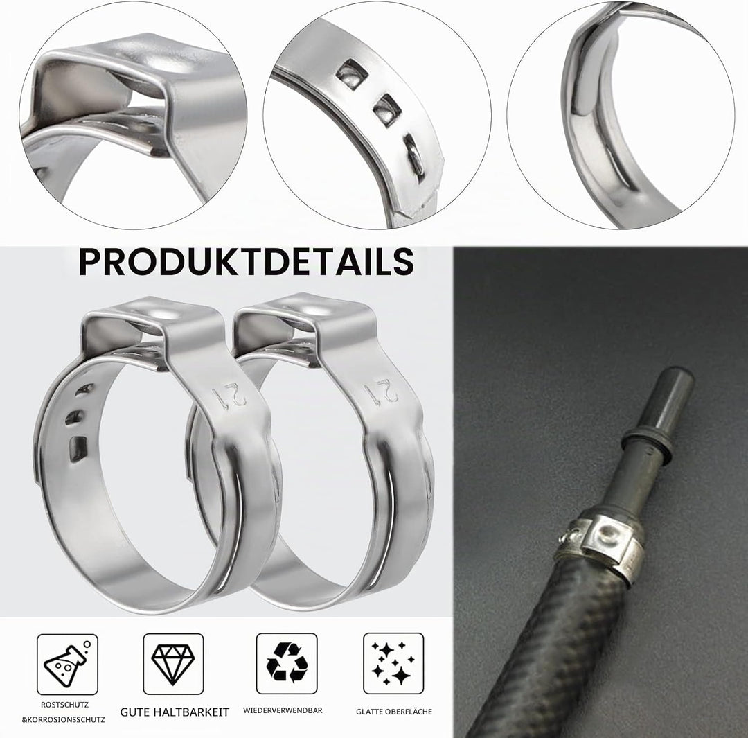 Knpwer 180 Stück 304 Edelstahl Einzelohr Stufenlos Schlauchschellen Set,6-25.6mm 9 Grössen Crimp Sch