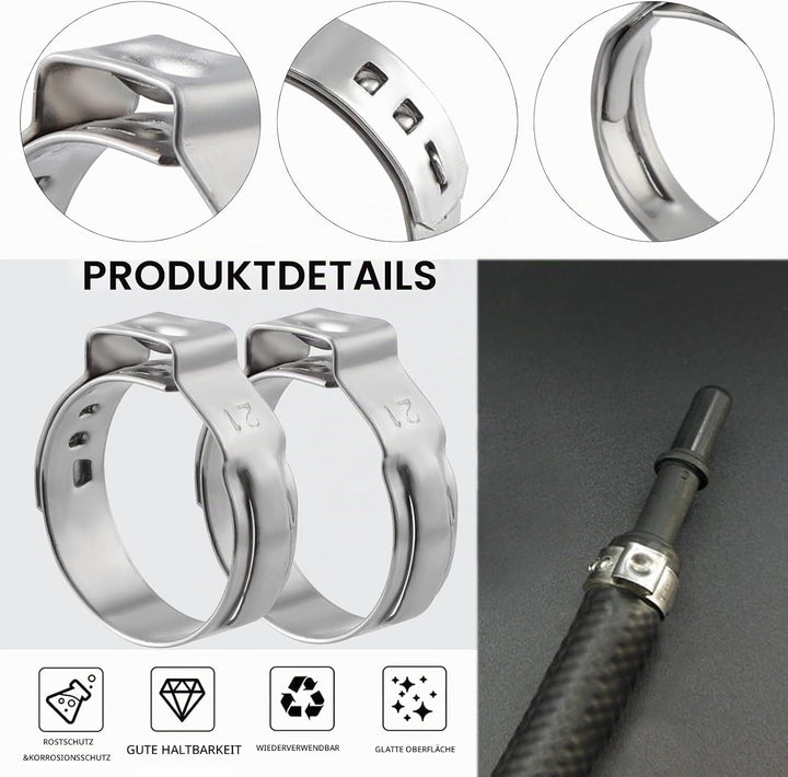 Knpwer 180 Stück 304 Edelstahl Einzelohr Stufenlos Schlauchschellen Set,6-25.6mm 9 Grössen Crimp Sch