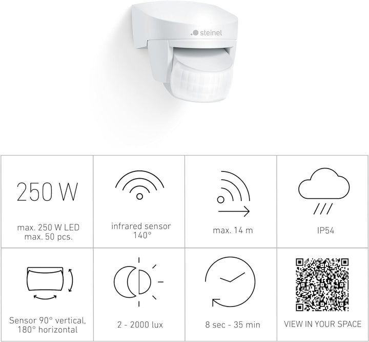 Steinel Bewegungsmelder IS 140-2 weiss, 140° Bewegungsensor, max. 14 m Reichweite, Innen und Aussen,