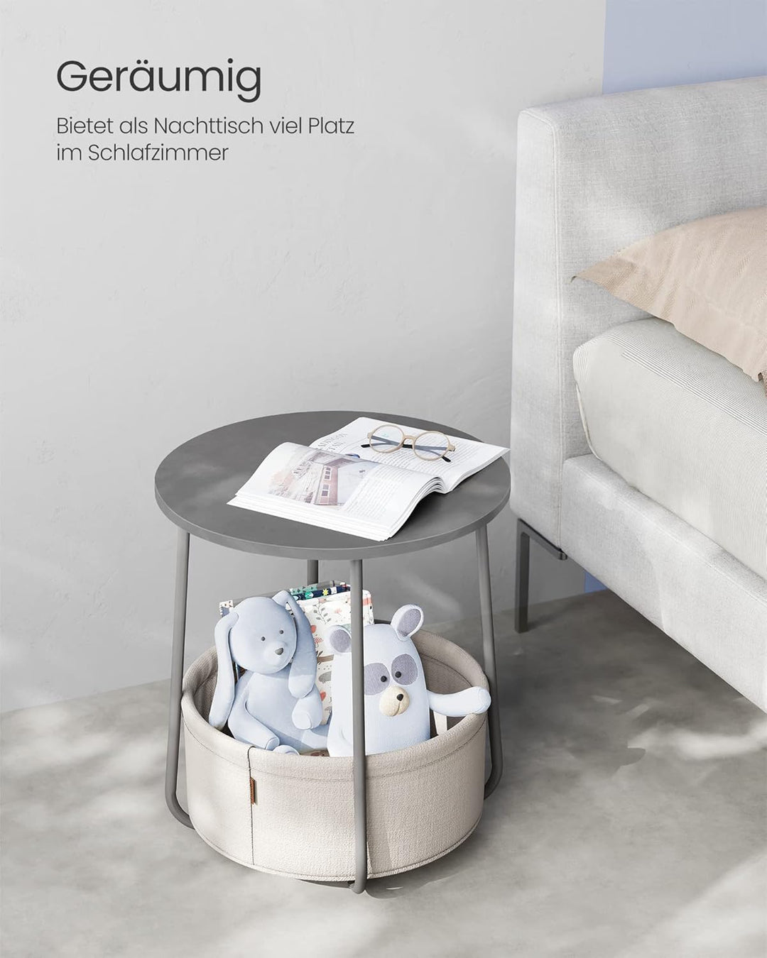 VASAGLE Beistelltisch rund, Kleiner Tisch, Couchtisch klein, Wohnzimmertisch, Korb aus Stoff, Staura