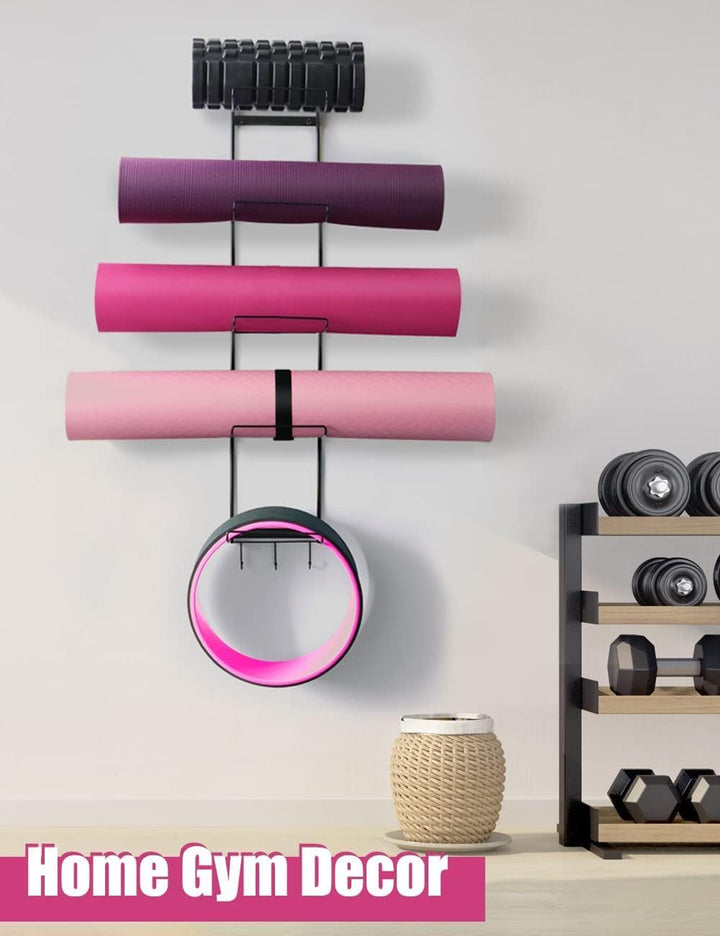 Yogamattenhalter mit 5 Ebenen, Wandhalterung, Metall-Aufbewahrungsregal für Yogamatten/Räder, Schaum