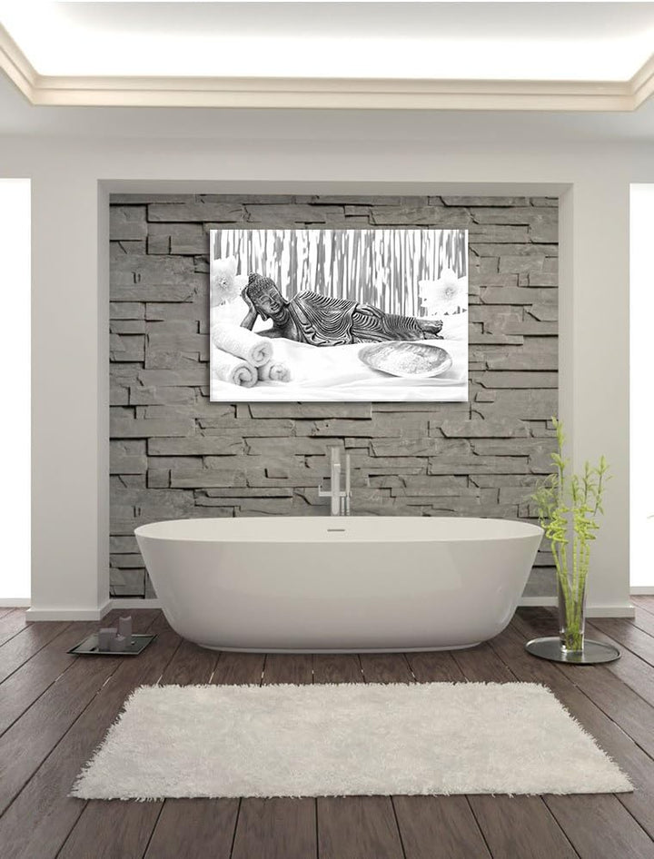 Pixxprint Buddha auf Handtuch / 100x70cm Leinwandbild bespannt auf Holzrahmen/Wandbild Kunstdruck De