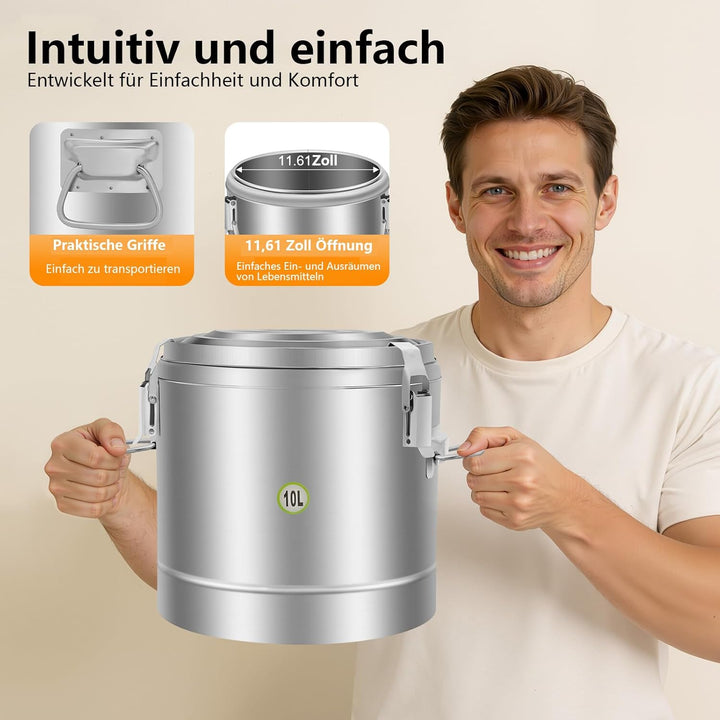 Thermobehälter, 10L Edelstahl Isoliert Eimer, Versiegelter isolierter Suppenbehälter mit Deckel und