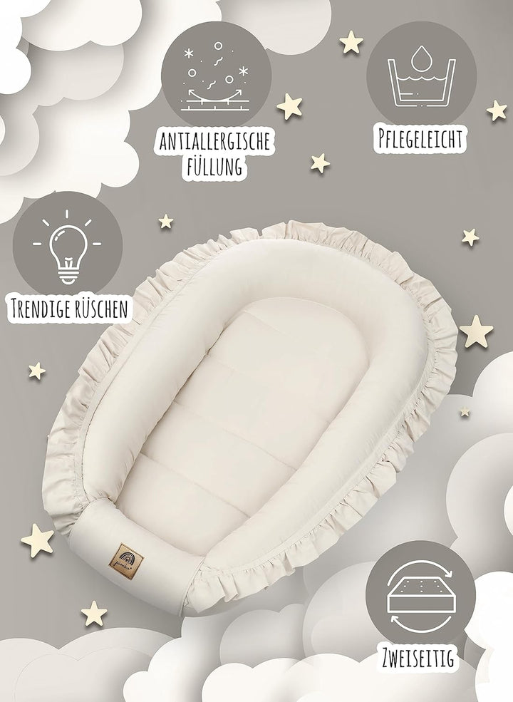 PIMKO Babynest mit rüschen Babynestchen für Baby Kuschelnest Babykokon für Säuglinge und Neugeborene