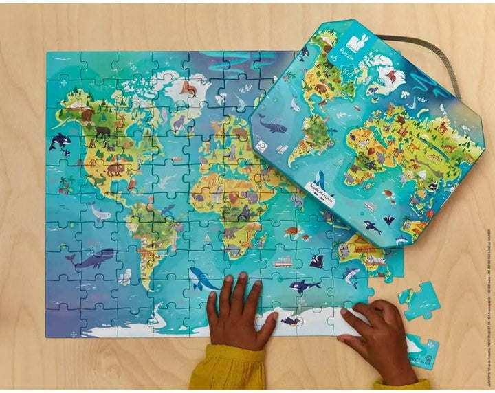 Janod - Kinderpuzzle Die Welt 100 Teile - Lernspiel Feinmotorik und Konzentration - Koffer mit Griff