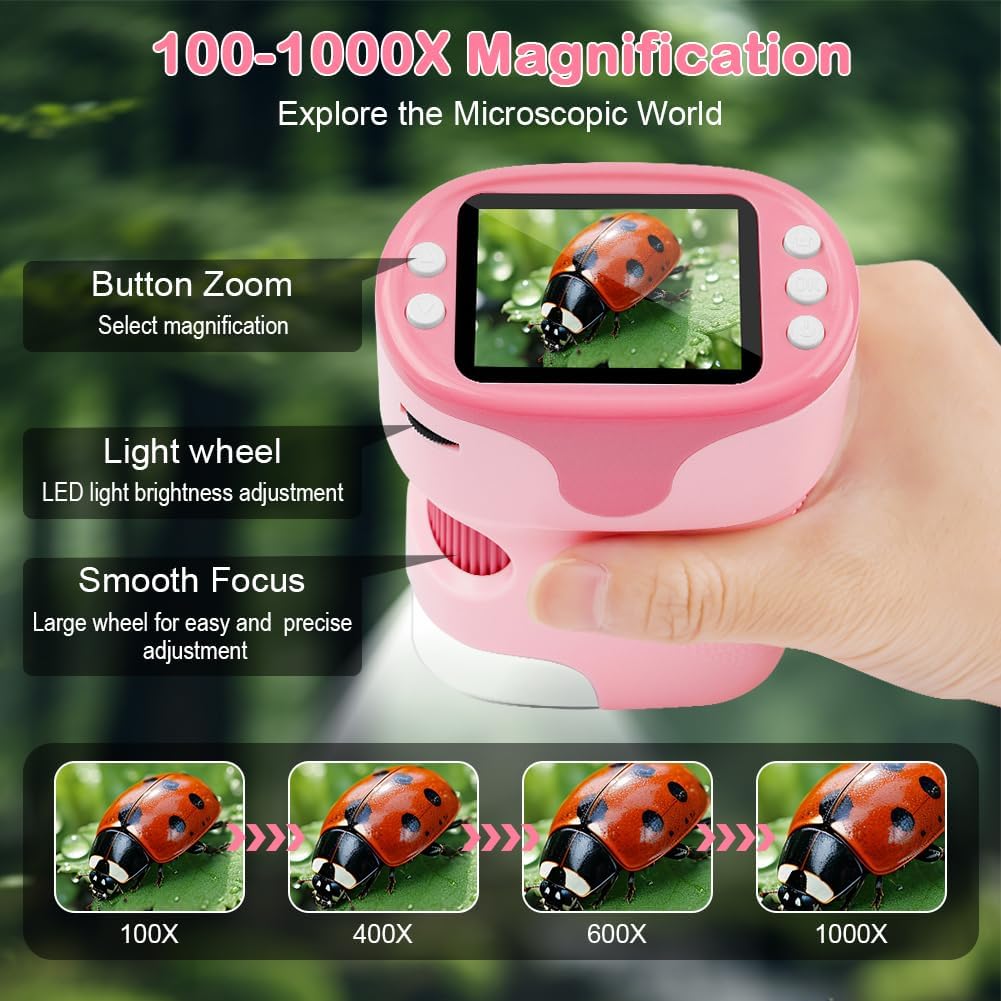 AXFEE Mikroskop für Kinder, 1000X Tragbares Taschenmikroskop mit LED, Mini-Mikroskop mit 2,0" LCD-Di