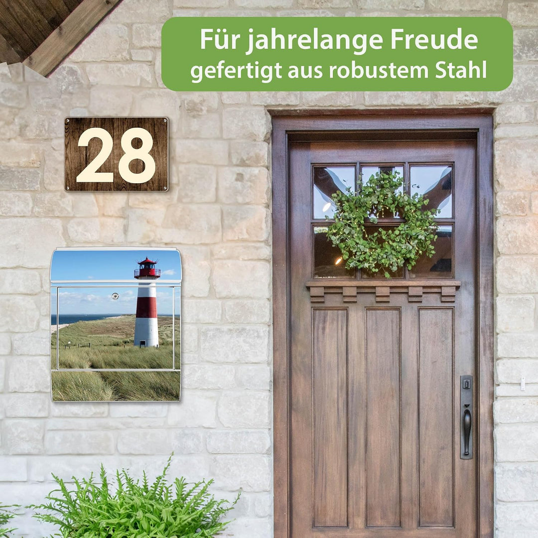 banjado® Design Briefkasten mit Motiv Leuchtturm 39x47x14cm &amp; 2 Schlüssel - Briefkasten Stahl weiss