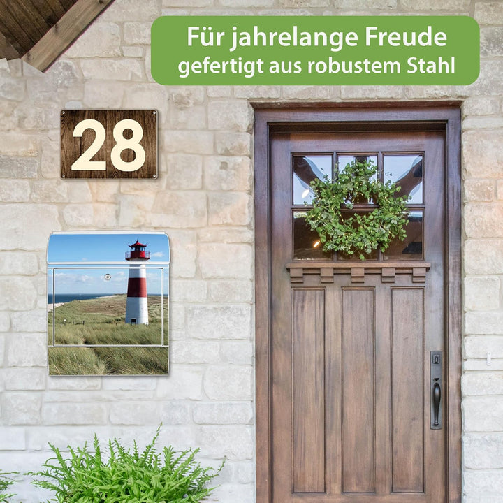 banjado® Design Briefkasten mit Motiv Leuchtturm 39x47x14cm &amp; 2 Schlüssel - Briefkasten Stahl weiss