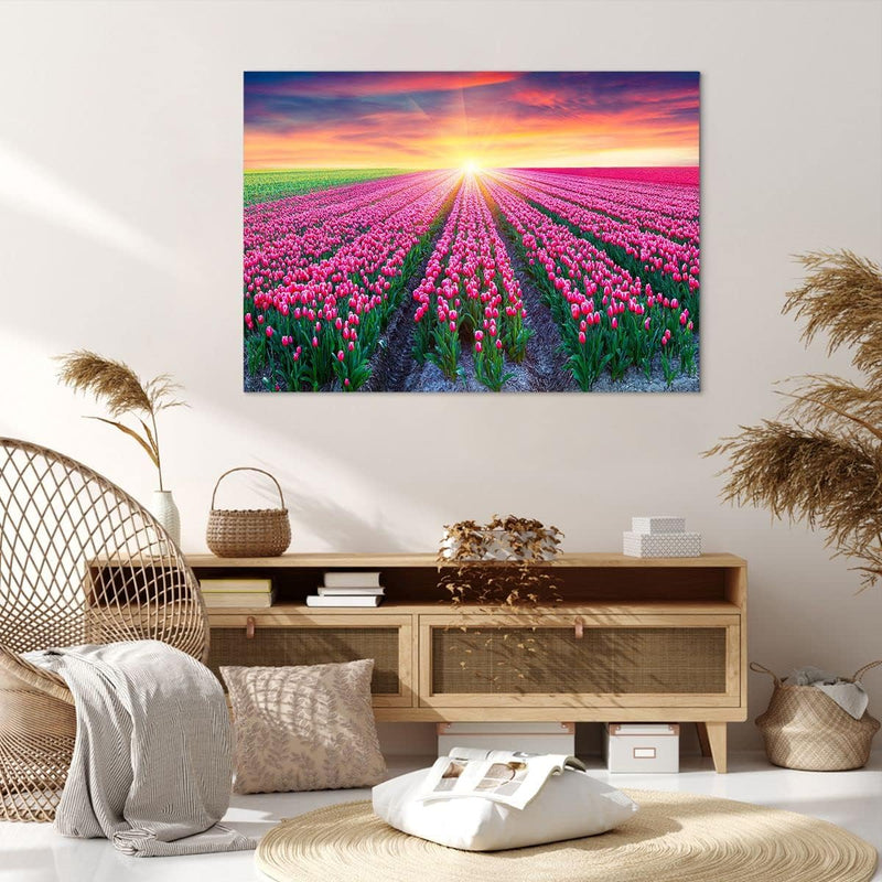 Bilder auf Leinwand 100x70cm Leinwandbild Wiese Tulpen Sonnenuntergang Frühling Gross Wanddeko Bild