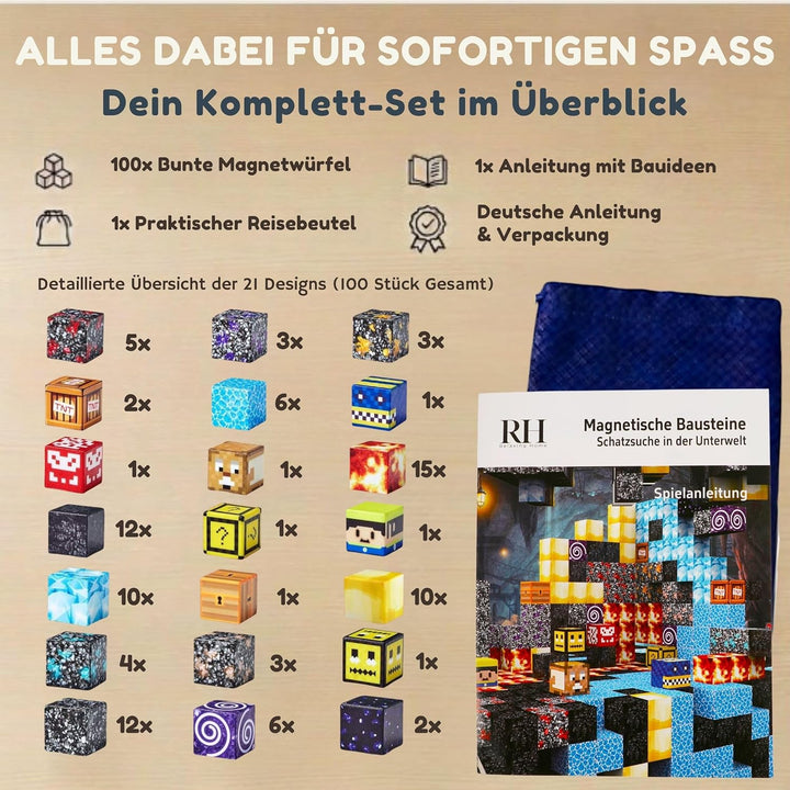 Mangetische Bausteine 100 Teile - Stem Spielzeug Magnetsteine ab 3 Jahre, Magnetwürfel inkl. Beutel