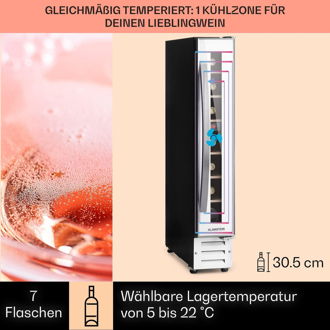 Klarstein Weinkühlschrank, 1 Zonen Getränkekühlschrank, Kleiner Einbau-Weinschrank Schmal, 20L Wein-