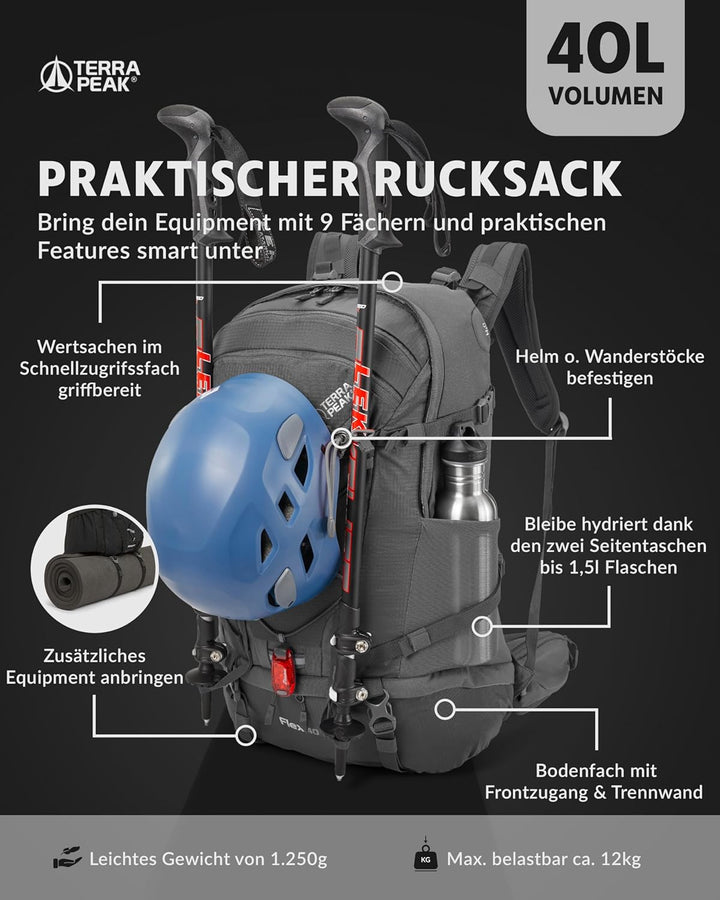 Terra Peak® Premium Wanderrucksack 40L (FLEX 40) für Damen & Herren gross mit Rückenbelüftung, Regen