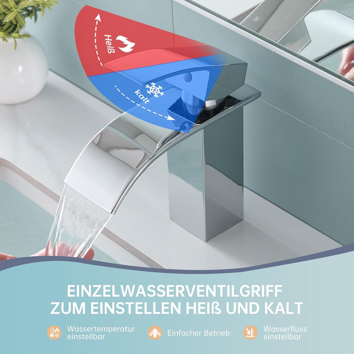 Fransiton Wasserhahn Bad, Wasserfall Waschtischarmatur mit Auslauf Höhe 60MM, Einhebelmischer für Ka