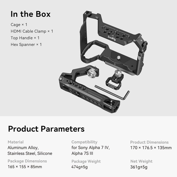 SMALLRIG A7 IV Käfig Cage mit oberem Griff und HDMI-Kabelklemme, Basis Kit für Sony Alpha 7 IV/Alpha