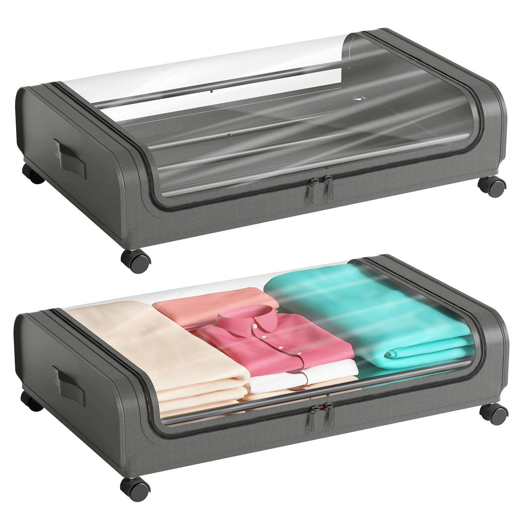 Unterbett Aufbewahrungsbox 2 Stück Unterbettkommode mit Rollen Deckel 48L Metallrahmen Bettkasten Or