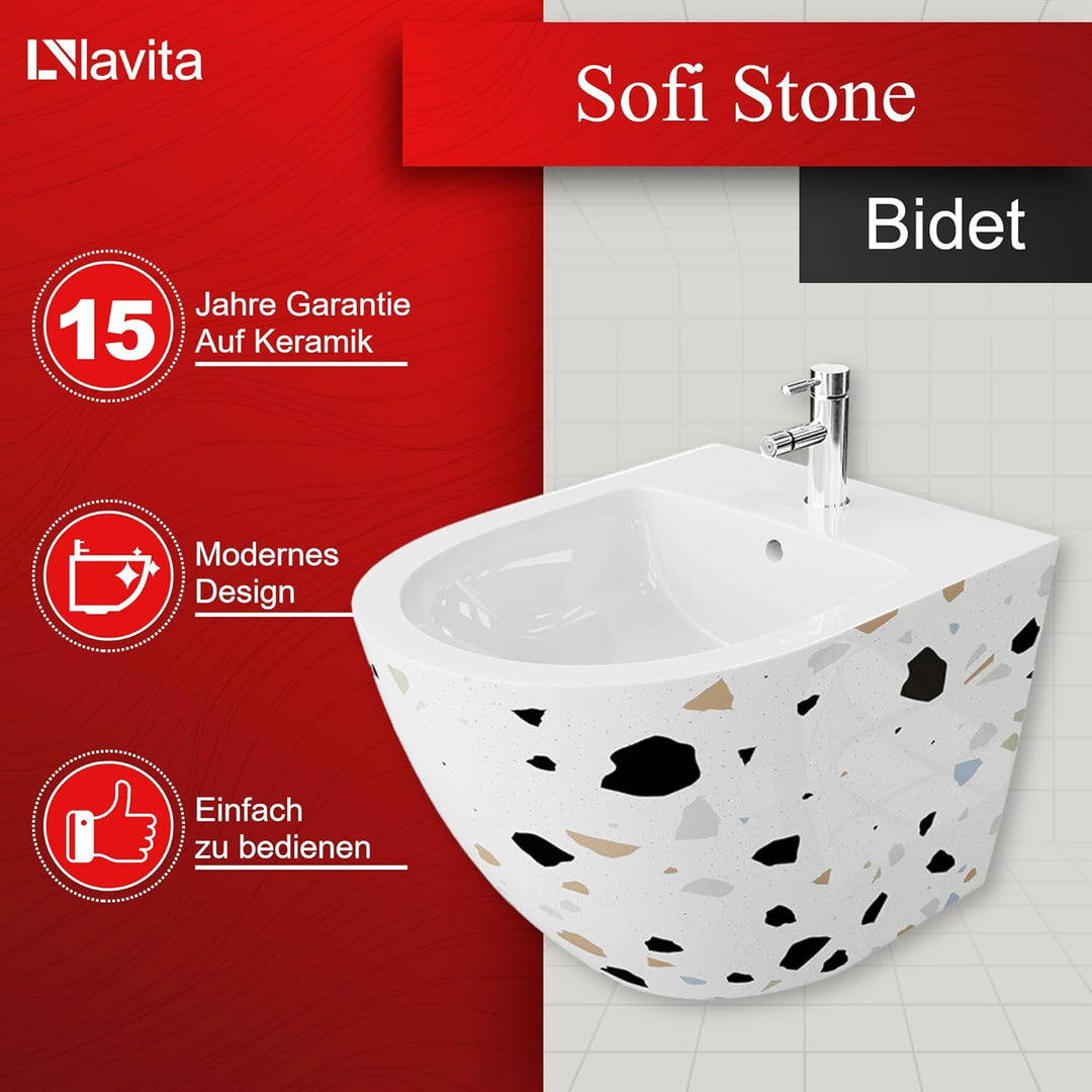 LAVITA Universal Wand-Bidet Sofi Stone mit Hahnloch und Überlaufschutz aus Keramik Sitzwaschbecken z
