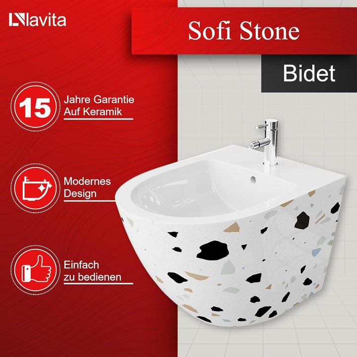LAVITA Universal Wand-Bidet Sofi Stone mit Hahnloch und Überlaufschutz aus Keramik Sitzwaschbecken z
