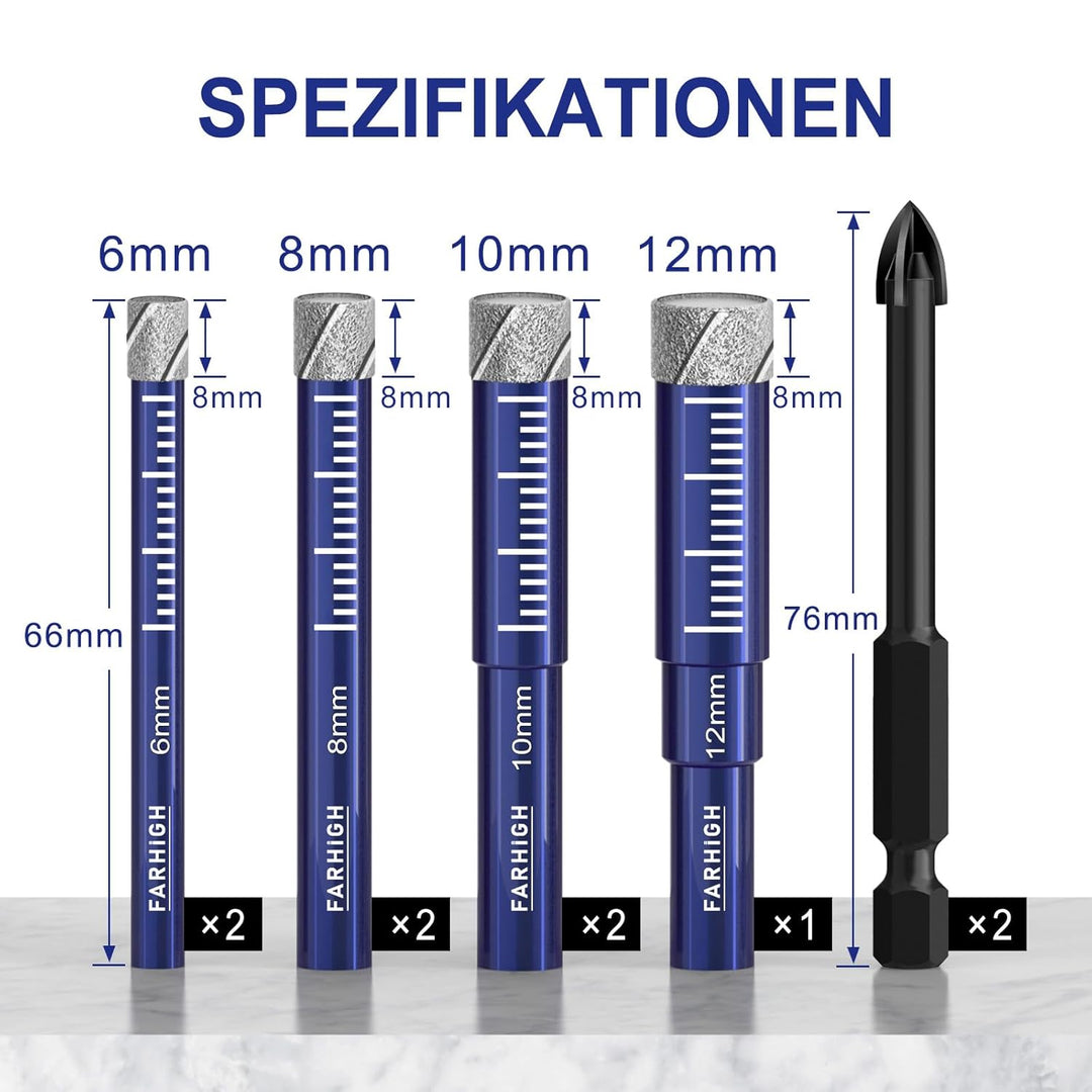 Diamantbohrer Fliesenbohrer Glasbohrer Set 6, 8, 10, 12mm & 6mm Hartmetallbohrer für Keramik,Porzell