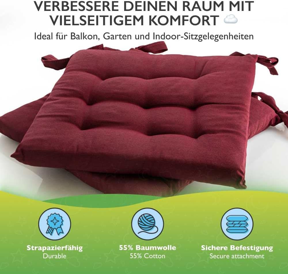 etérea 2er Set Sitzkissen Outdoor 40x40 mit Bändern - Stuhlkissen Bordeaux für Gartenstuhl & Innenbe