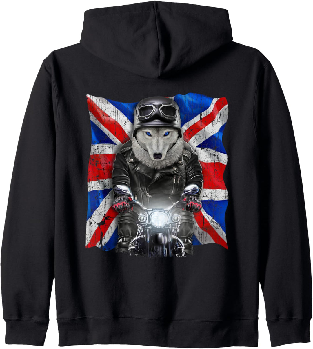 Patriot Wolf auf einem Motorrad mit Union Jack Kapuzenjacke