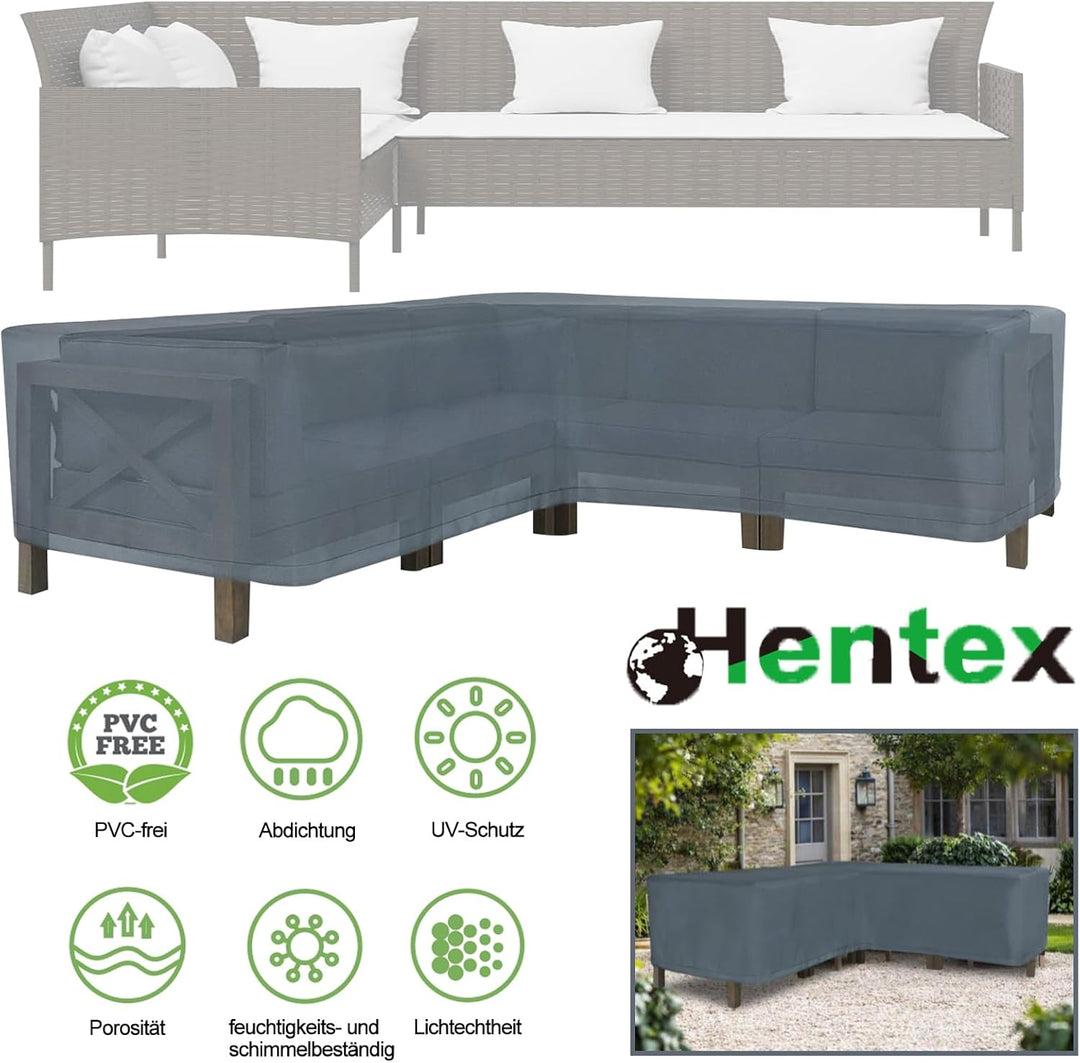 HENTEX Schutzhülle Cover Eckbank für Gartenmöbel Abdeckung L-Form, Grau, 255x255x100x70H cm 255×255×