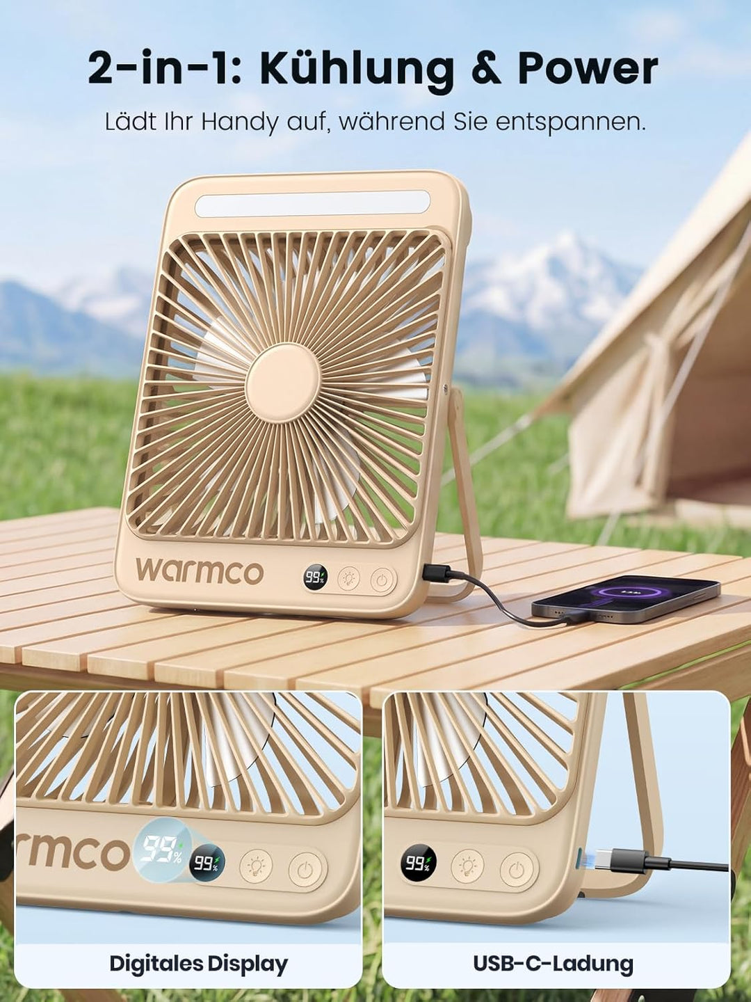 Warmco 20000mAh Akku Camping Ventilator 27cm mit Lampe, 15-48 Std. Laufzeit, Ultra-Leise, Ultraflach