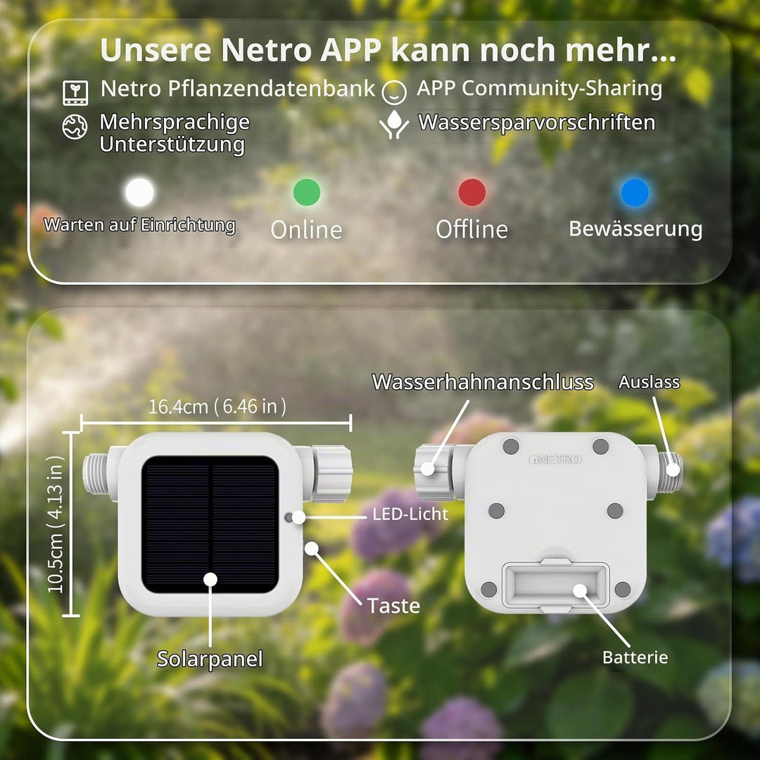 Netro Pixie Smart Schlauch-Wasserhahn-Timer, WLAN-Verbindung, solarbetrieben, wetterbewusst
