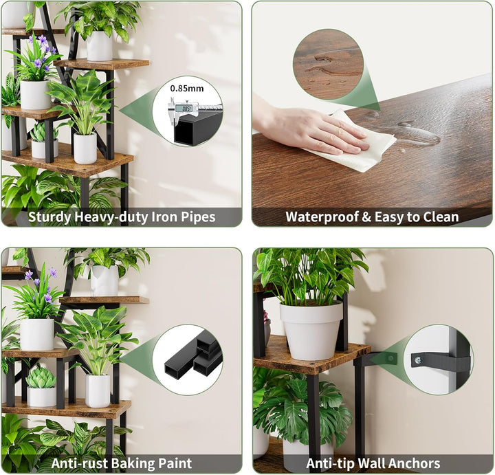 JUSTOGO Blumenständer Pflanzenständer mit Wachstumslichtern - 8 Etagen Pflanzenregal Indoor aus Holz