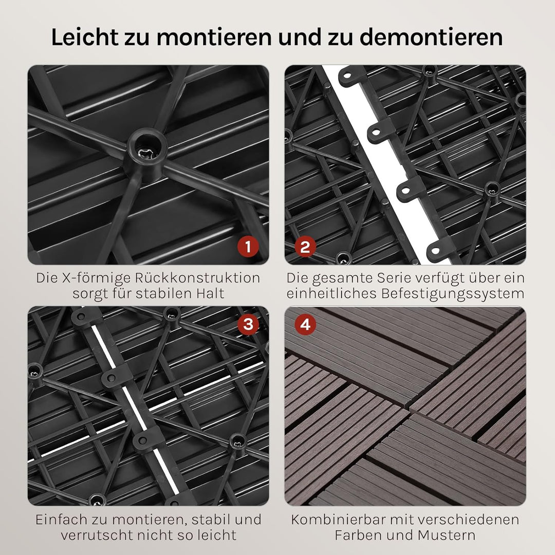 WOLTU WPC Terrassenfliesen Terrassendielen Holz-Optik 30x60cm, Fliese Bodenfliese Klickfliese mit kl