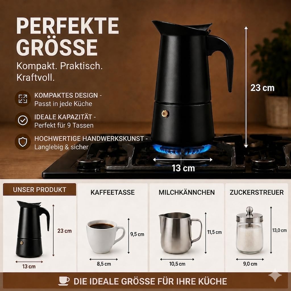 ROYAL SWISS® Premium Espressokocher - 9 Tassen – Espressokocher Induktion | Italienischer Kaffeekoch
