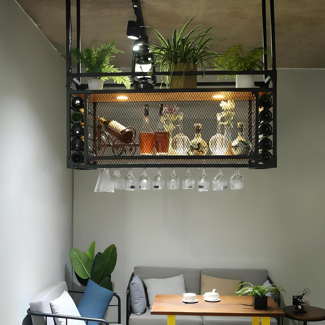 Weinregal zur Wandmontage, 2 Lagig Hängend Deckenregal Weinregal mit Glashalter, Industrielles Metal