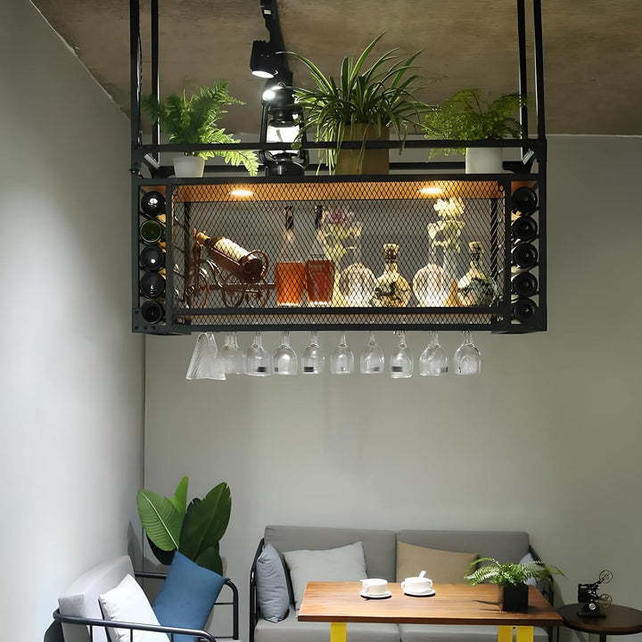 Weinregal zur Wandmontage, 2 Lagig Hängend Deckenregal Weinregal mit Glashalter, Industrielles Metal