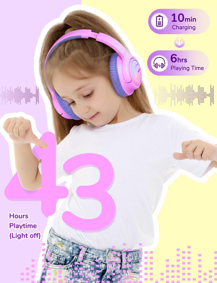 iClever Bluetooth Kopfhörer Kinder mit LED-Leuchten, 74/85dBA Lautstärkebegrenzung, 43 Stunden Spiel