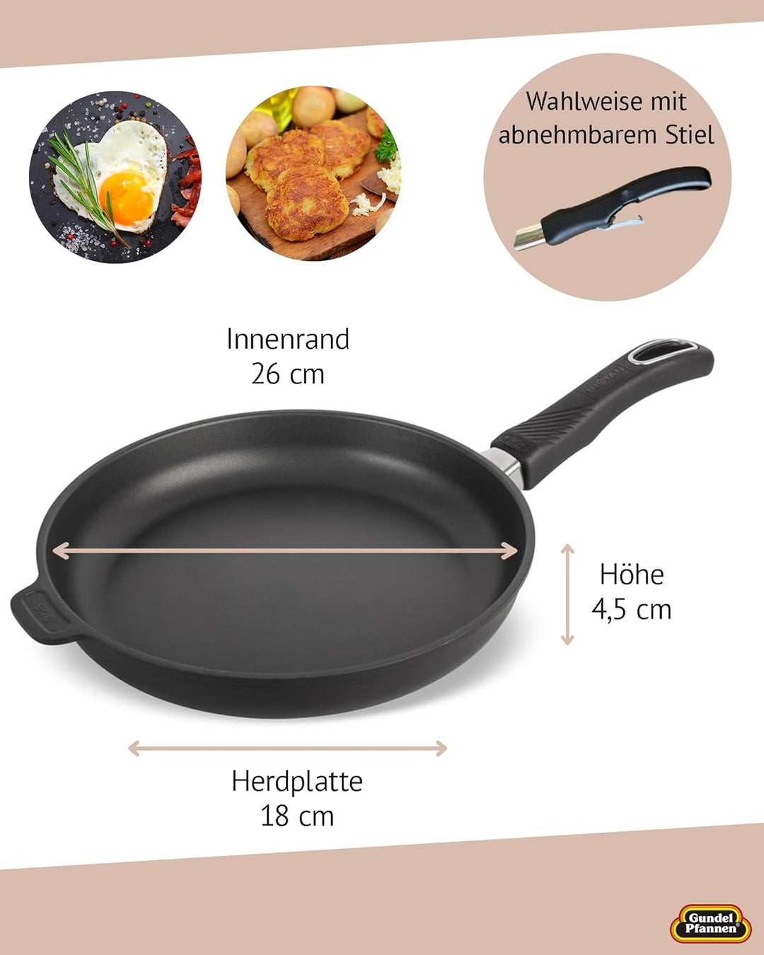 Original Gundel GUSS-BRATPFANNE flach, Ø 26 cm, Höhe 4,5 cm, BIOTAN-Oberfläche, PFOA-frei, Akku-Ther