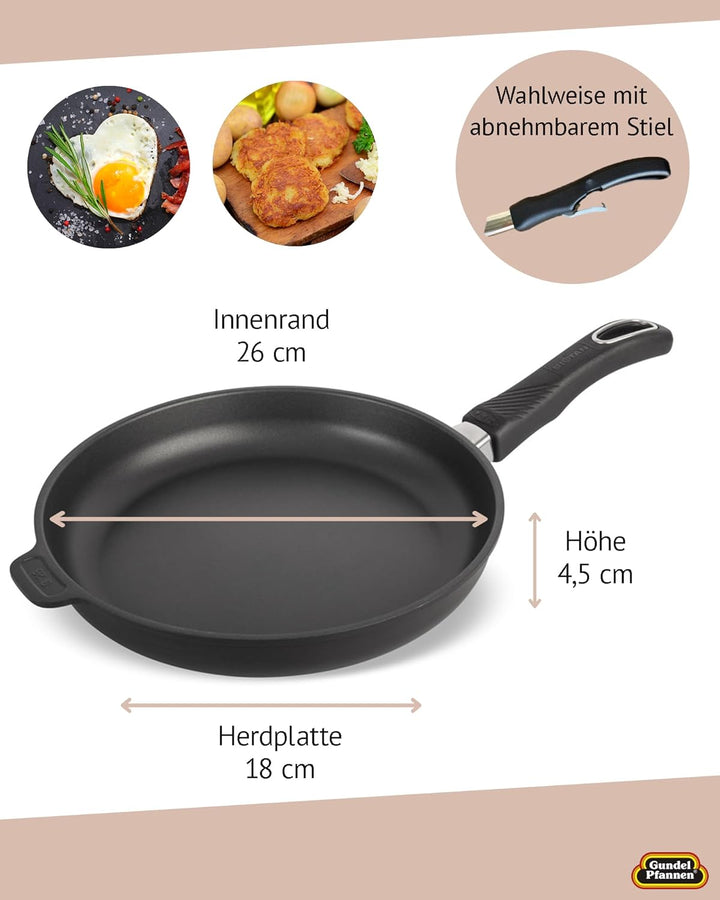 Original Gundel GUSS-BRATPFANNE flach, Ø 26 cm, Höhe 4,5 cm, BIOTAN-Oberfläche, PFOA-frei, Akku-Ther